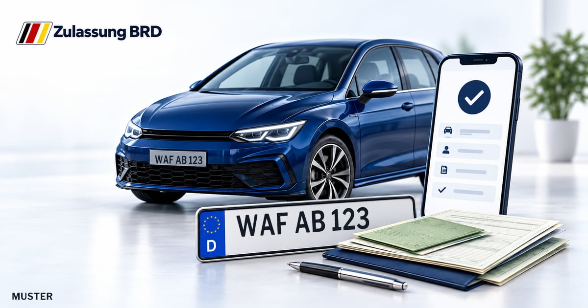 Online Fahrzeugzulassung in Drensteinfurt: Musterkennzeichen WAF AB 123, Auto und Fahrzeugpapiere und Smartphone. Illustration mit Logo von Zulassung BRD.